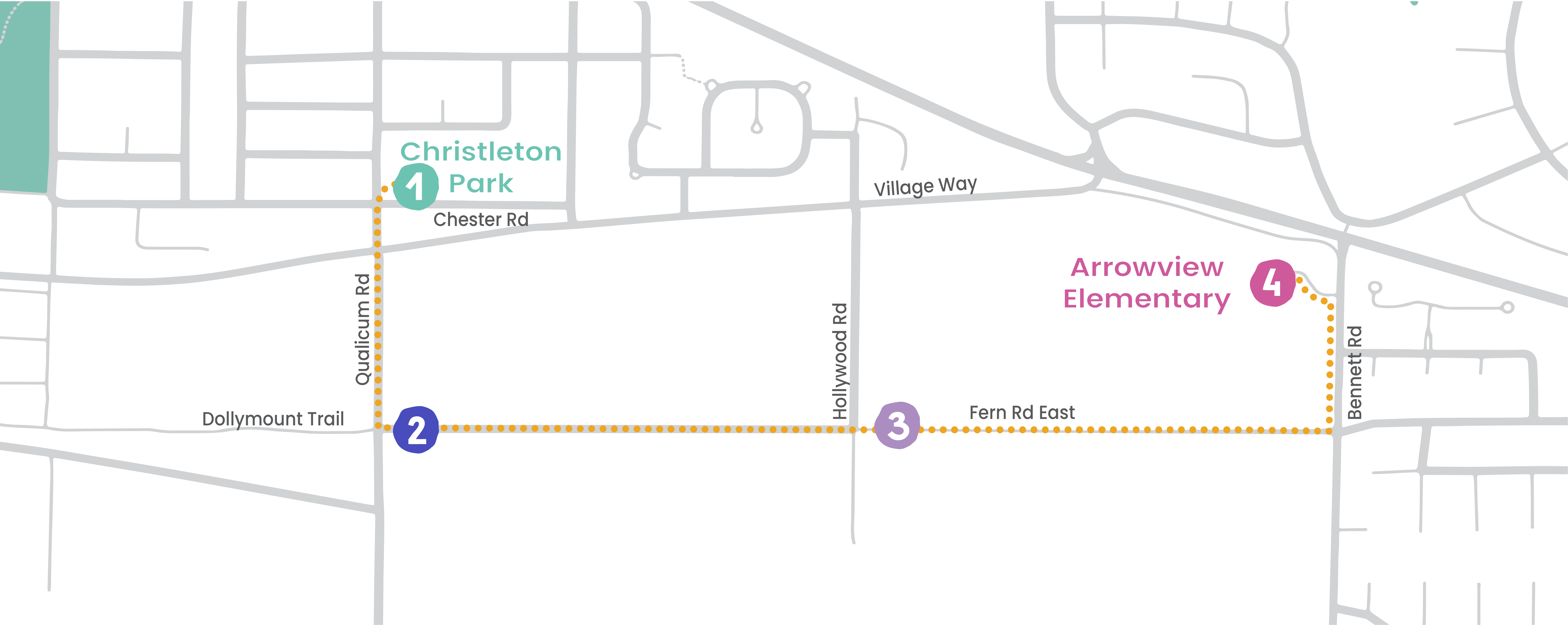 Bike Bus route map showing 4 stops from Christleton Park to Arrowview Elementary, running on Fridays